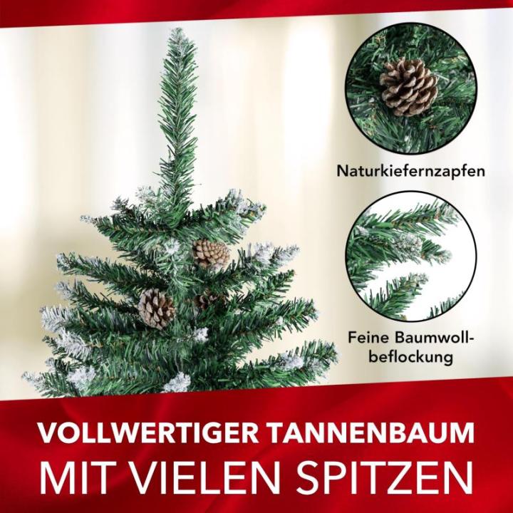 Claus Premium besneeuwde kunstkerstboom, 150 cm, hoogwaardige kunstdennenboom met metalen standaard, bosgrenen, met sneeuweffect en echte dennenappels