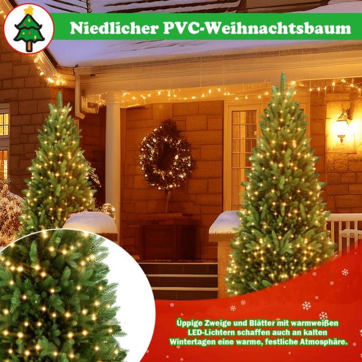 210cm Künstlicher Weihnachtsbaum mit 711 Grün PVC Spitzen & 439 Grün PE Spitzen Tannenbaum Christbaum mit Holzständer & Warmweiß LEDs für Weihnachten, Halloween, Hochzeit (oh