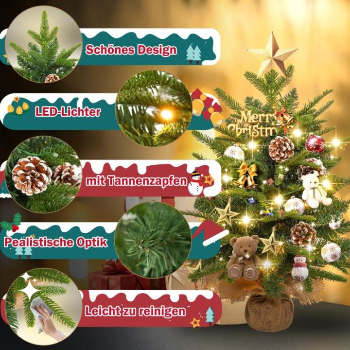 Kunstkerstboom van 60 cm in premium kwaliteit, met 30 warmwitte draadloze leds, PE + pvc-takken, 6 dennenappels en jute zak, houten sokkel, onderhoudsvriendelijk voor feestelijke