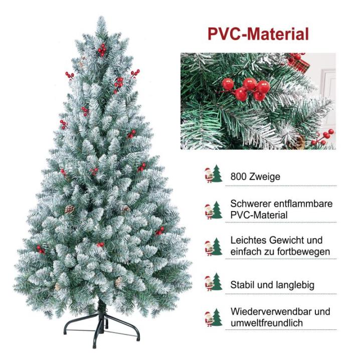 Künstlicher Weihnachtsbaum 160cm, Christbaum Künstlich mit 800 Zweigen, Mit Roten Beeren und Tannenzapfen, Für Weihnachtsschmuck
