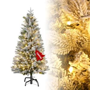Kunstkerstboom met 200 ledverlichting, 150 cm premium dennenboom, kunstkerstboom met natuurwitte sneeuwvlokken, 400 takpunten, van PE en pvc dennennaalden, snel op te bouwen, klaps