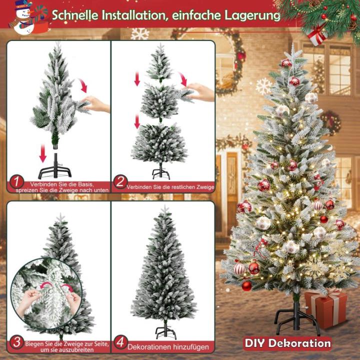 Kunstkerstboom met ledverlichting, 180 cm, kerstboom met metalen standaard, met sneeuwvlokkeneffect (pvc + PE dennenboom)