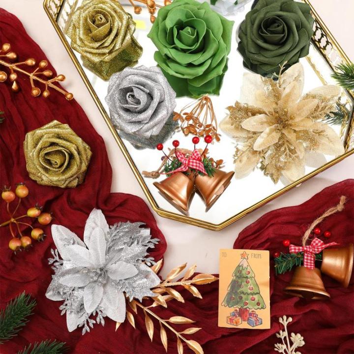 Kunstkerstbloemen, mix van zijden bloemen, kunstrozen met stelen voor zelfgemaakte bruiloft, bruidsboeketten, tafeldecoratie, woondecoratie.