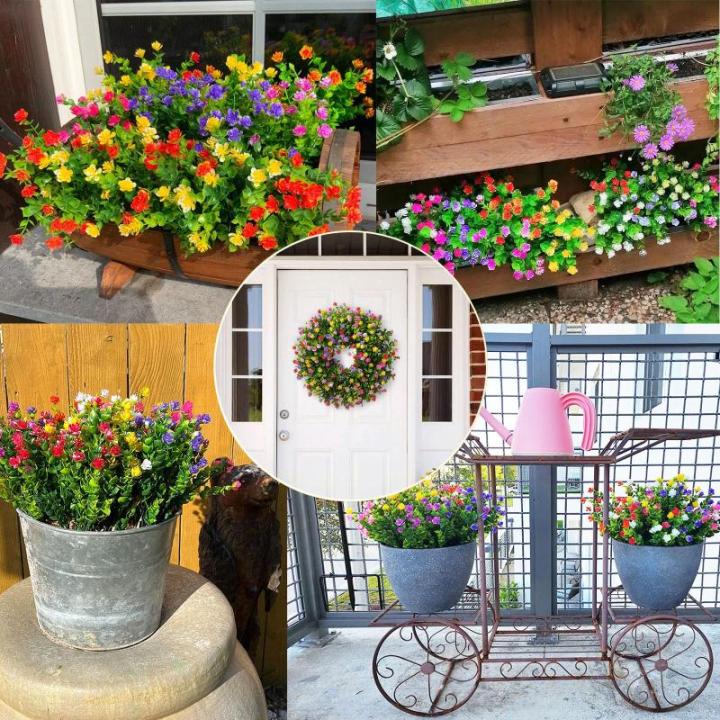 Kunstbloemen voor buiten, uv-bestendig, , bloemen in grote hoeveelheden voor het ophangen van plantenbakken, buiten, veranda, vaas, thuis, raamdecoratie, 6 bundels, geel