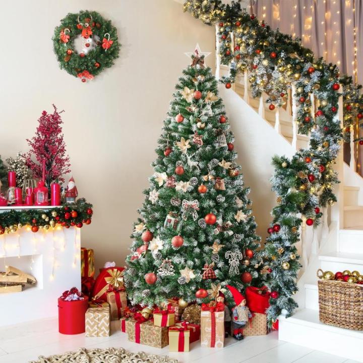 Kunstkerstboom van 183 cm met sneeuw en 64 dennenappels, diameter ca. 106 cm, 920 takpunten, moeilijk ontvlambare dennenboom met snelmontage, klapsysteem, incl. metalen standaard