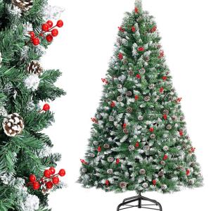 arivoo Binja Opvouwbare kerstboom, versierd met 500 takken, 24 dennenappels, 18 bessen en standaard, buigbare pvc-punten met sneeuwvlokken, moeilijk ontvlambaar (H150 cm)