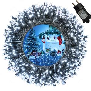 Lichtsnoer met kerstboom, 200 leds, wit, voor buiten, met stopcontact, 20 m, kerstverlichting met timer en geheugenfunctie, groene kabel, kerstdecoratie voor tuin en feest