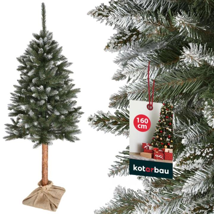 Kunstkerstboom, sneeuw, 160 cm, diamantsparrenboom op een houten stam met plastic standaard, kerstboom, kunstboom, kunstboom, kerstboom