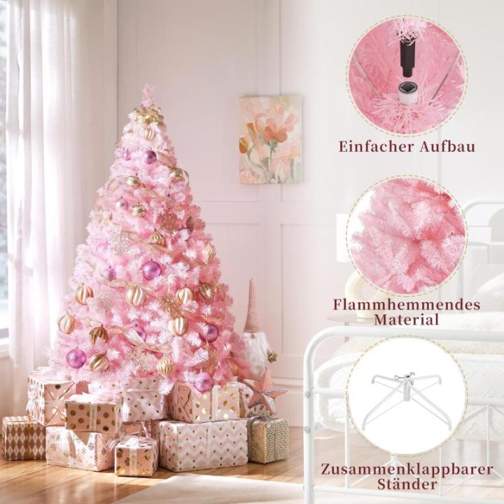 Kunstkerstboom, 154 cm, roze, dennenboom met 398 takken, opvouwbare metalen standaard, herbruikbare kerstboom, kunstboom voor kerstdecoratie