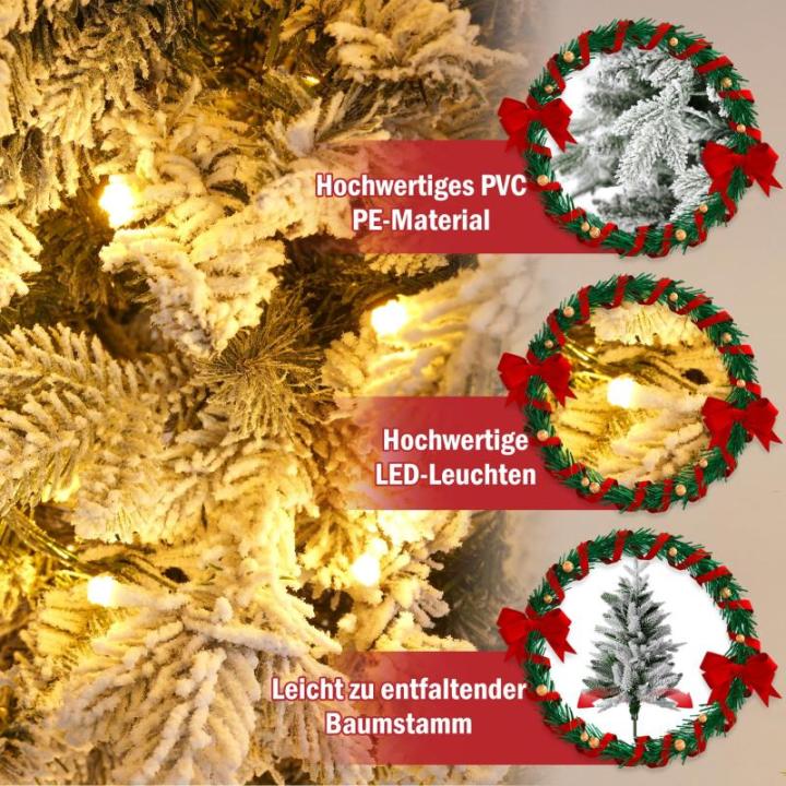 Kunstkerstboom met 450 ledverlichting, 210 cm premium kunstkerstboom met natuurwitte sneeuwvlokken, 1100 takpunten, van PE en pvc dennennaalden, snel op te bouwen, klapsysteem