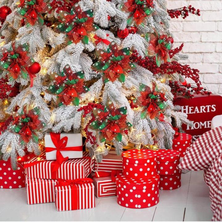 24 Stück Weihnachtsblumen für Weihnachtsbaumdeko, Weihnachten Funkeln Weihnachtsstern Blumen mit Clips für Hochzeit Weihnachtsbaum Neujahr Ornamente (Schwarz,9 cm)