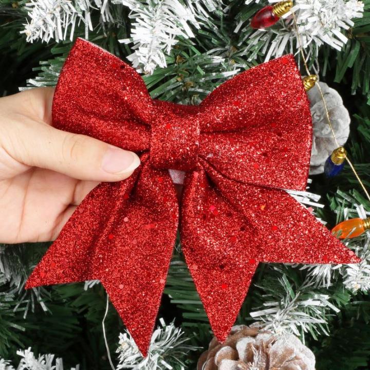 12 stuks glitter kerstster bloemen met 6 stuks glitter kerststrikken decoratie kerstboomversiering kerstdecoratie voor kerstboom Nieuwjaar decoraties