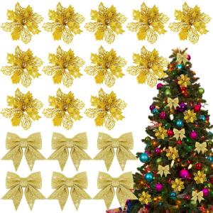 12 stuks glitter kerstster bloemen met 6 stuks glitter kerststrikken decoratie kerstboomversiering kerstdecoratie voor kerstboom Nieuwjaar decoraties