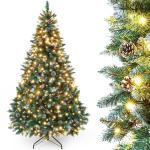 Kunstkerstboom met verlichting en witte sneeuw, led-dennenboom voor kerstdecoratie met echte dennenappels, vuurbestendig, 150 cm