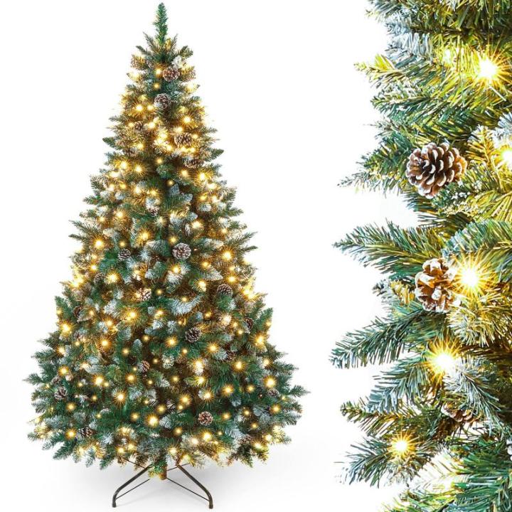Kunstkerstboom met verlichting en witte sneeuw, led-dennenboom voor kerstdecoratie met echte dennenappels, vuurbestendig, 150 cm