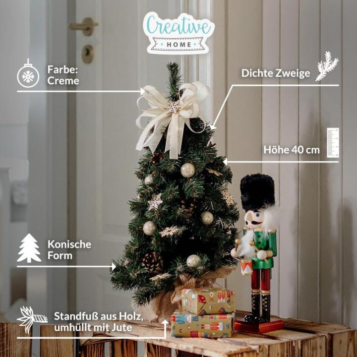Kerstboom, gedecoreerd, crèmekleurig, hoogte 40 cm, kleine kunstkerstboom, mini-dennenboom, voor tafel, bureau, kantoor, binnen en buiten, kerstdecoratie, cadeau