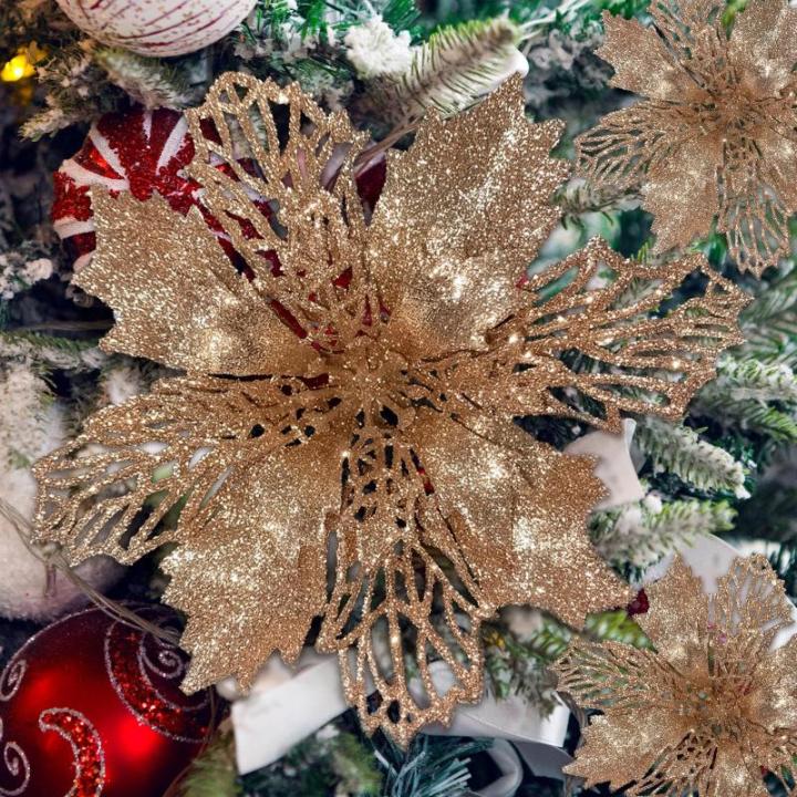 Kunstkerstbloemen, kerstboom bloemen met 15 clips, glitterbloemen, Kerstmis, kunstbloemen voor Kerstmis (champagne)