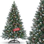 Nordmann Kunstkerstboom, 150 cm, met sneeuweffect, dennenappels en verlichting, dennenboom, kunstkerstboom met metalen standaard, snel op te bouwen klapsysteem, Nordmann-spar, moei