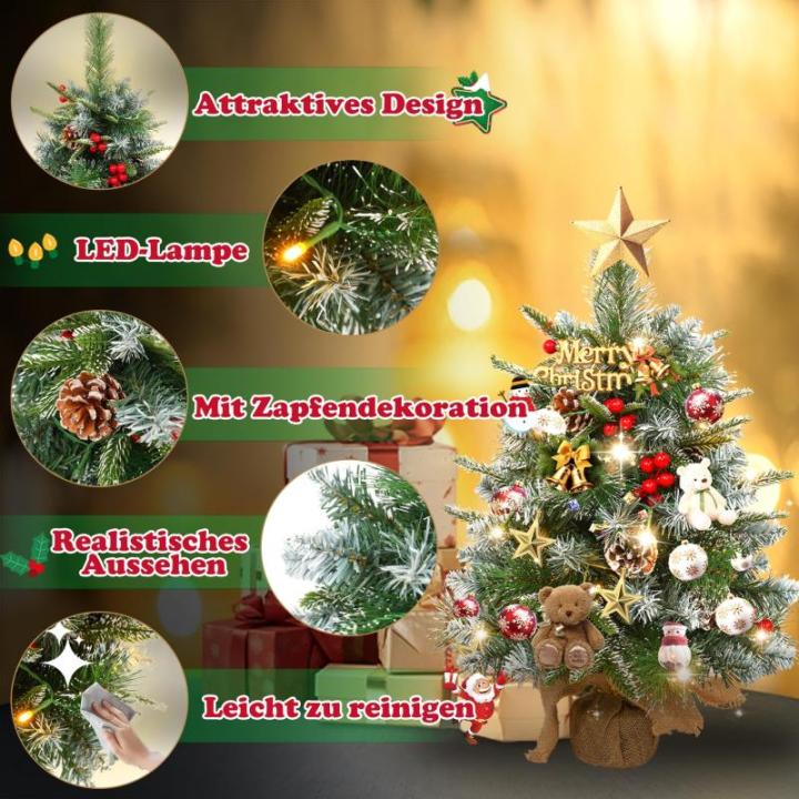 60 cm mini-kerstboom, kunstkerstboom met verlichting, kunstkerstboom met sneeuweffect, met 30 warmwitte leds, dennenappels en rode bessen voor Kerstmis