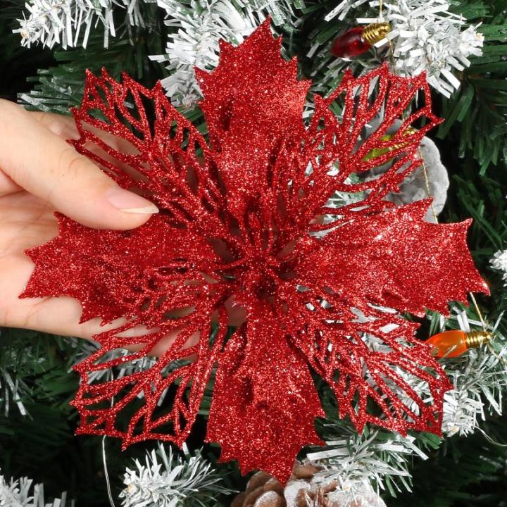 12 stuks glitter kerstster bloemen met 6 stuks glitter kerststrikken decoratie kerstboomversiering kerstdecoratie voor kerstboom Nieuwjaar decoraties