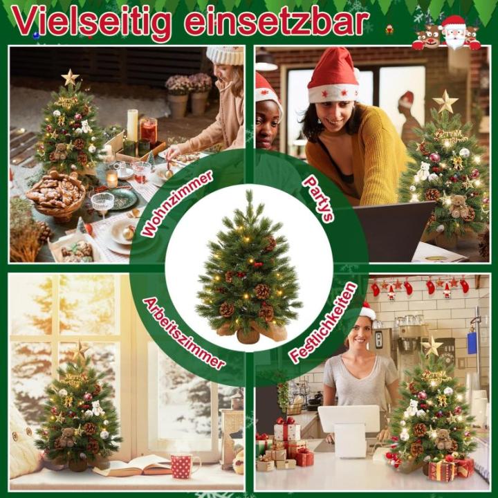 60 cm mini-kerstboom, kunstkerstboom met verlichting, kunstmatig PE-materiaal, kerstboom met 30 warmwitte leds, dennenappels en rode bessen voor Kerstmis