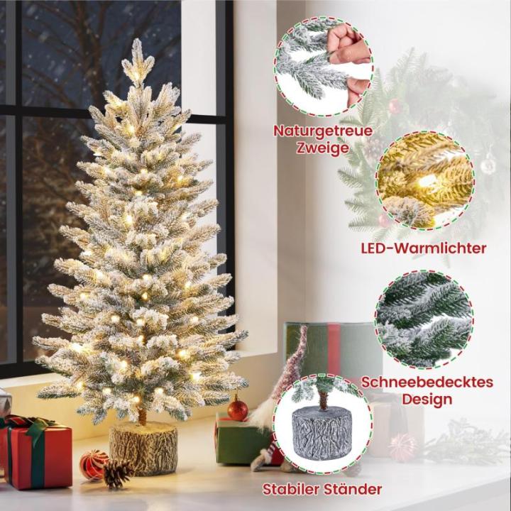 94 cm mini-kunstkerstboom met sneeuw, ingepot dennenboom met 50 leds in warm wit en 355 takpunten, met sneeuw bedekte kleine kerstboom