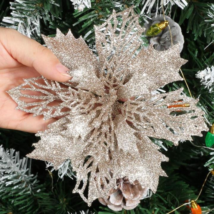 12 stuks glitter kerstster bloemen met 6 stuks glitter kerststrikken decoratie kerstboomversiering kerstdecoratie voor kerstboom Nieuwjaar decoraties