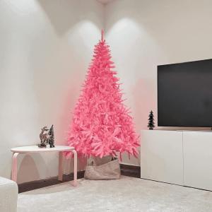 SOLAGUA Kunstkerstboom, spar extra gevuld met engelenhaar, 150 - 300 cm, met metalen standaard (240 cm, 1438 punten, roze)