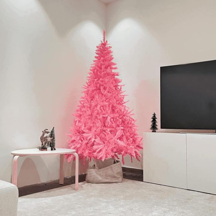 SOLAGUA Kunstkerstboom, spar extra gevuld met engelenhaar, 150 - 300 cm, met metalen standaard (240 cm, 1438 punten, roze)