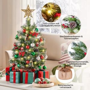 2 stuks mini-kunstkerstboom met sneeuw incl. warm witte led & rode bessen en dennenappels, kleine kerstboom tafel dennenboom voor kerstdecoratie 66 cm