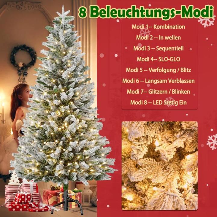 180 cm premium kunstkerstboom met warm wit verlichting, dennenboom met sneeuwspar, natuurlijk wit gevlokt voor kerstdecoratie, PE en pvc, met metalen standaard