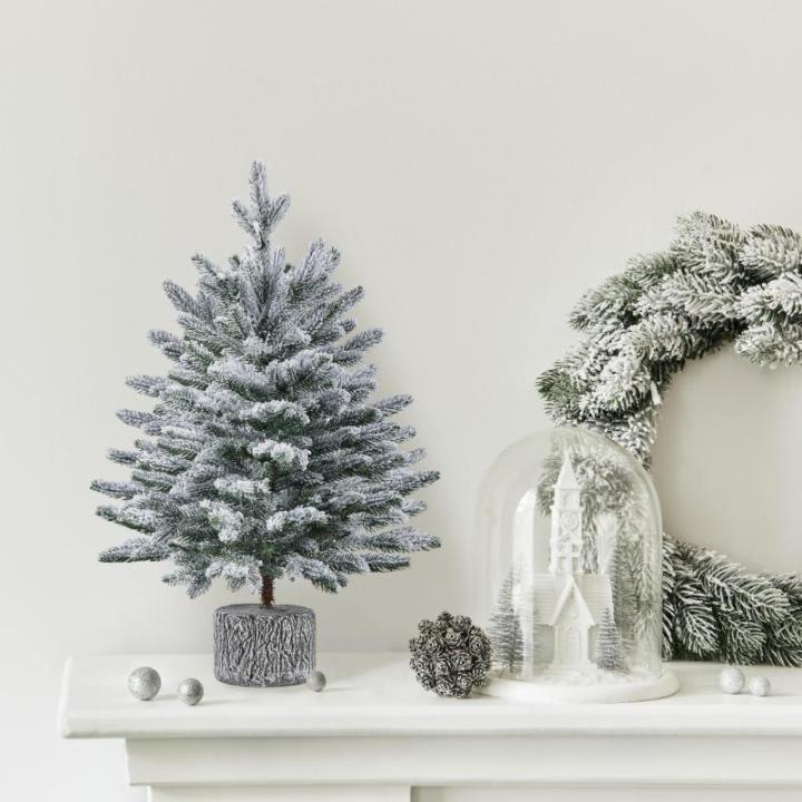 68 cm mini-kunstkerstboom met sneeuw, ingepot dennenboom met 35 leds in warm wit en 262 takpunten, met sneeuw bedekte bevlokte kleine kerstboom