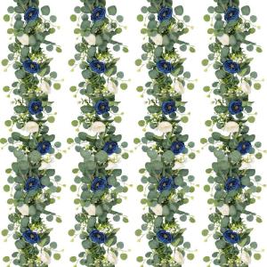 Künstliche Eukalyptus-Blumengirlande mit blau-weißen Rosen, Kunstpflanzen, Seide, Blumengirlande, Schleierkraut, Efeu-Ranken, für Hochzeitsdekoration, Zuhause, Party, Tischläuf