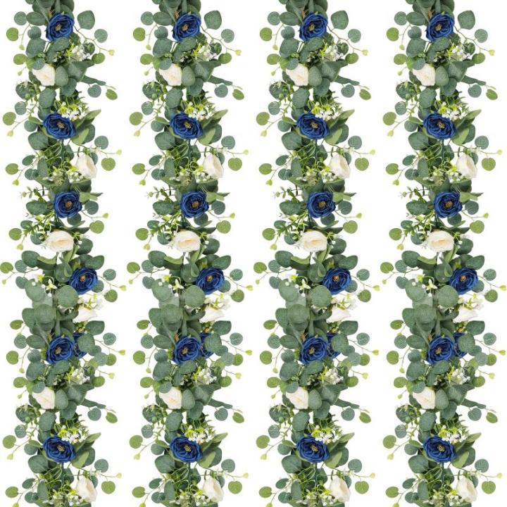 Künstliche Eukalyptus-Blumengirlande mit blau-weißen Rosen, Kunstpflanzen, Seide, Blumengirlande, Schleierkraut, Efeu-Ranken, für Hochzeitsdekoration, Zuhause, Party, Tischläuf