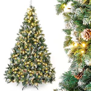 Kunstkerstboom met verlichting, witte sneeuw, led-dennenboom voor kerstdecoratie, 210 cm