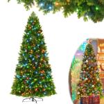 210 cm groene kunstkerstboom met verlichting, kleurrijke led-premium dennenboom, kunstkerstboom met PE- en pvc-takken en stevige metalen standaard