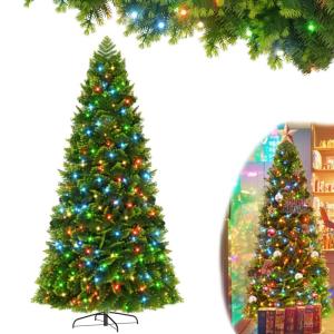 210 cm groene kunstkerstboom met verlichting, kleurrijke led-premium dennenboom, kunstkerstboom met PE- en pvc-takken en stevige metalen standaard