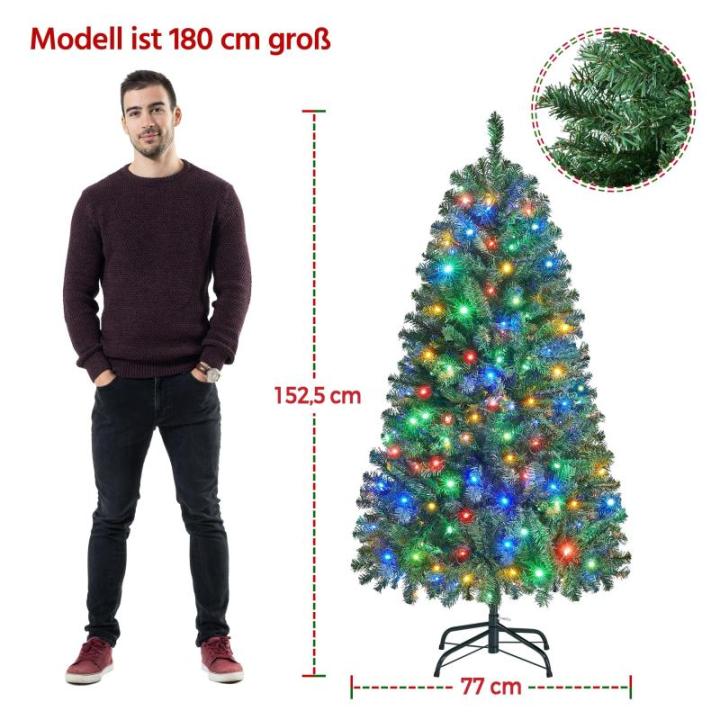 Kunstkerstboom met ledverlichting, 152,5 cm, met 396 takken en 200 warmwitte en meerkleurige lampen, 9 lichtmodi, inklapsysteem, kerstboom, dennenboom, kunstboom, groen