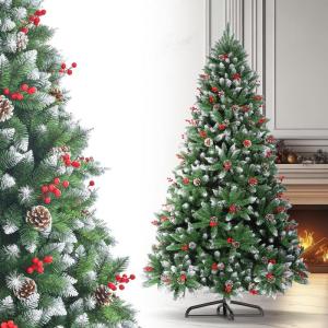 Kunstkerstboom, 180 cm, dennenboom, kerstboom, met dennenappels, sneeuw, 800 twijgen, kerstboom met metalen standaard
