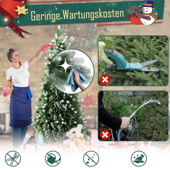 Kunstkerstboom met verlichting, 150 cm, PVC/PE, natuurgetrouw met sneeuwpunten en houten sokkel, kerstboom, kerstdecoratie