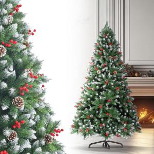 Kunstkerstboom 150 cm, kerstboom met verlichting, met dennenappels, sneeuw, 500 twijgen, kerstboom met metalen standaard