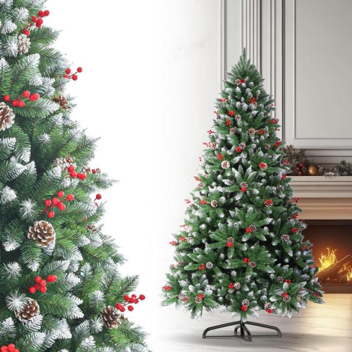 Kunstkerstboom 150 cm, kerstboom met verlichting, met dennenappels, sneeuw, 500 twijgen, kerstboom met metalen standaard