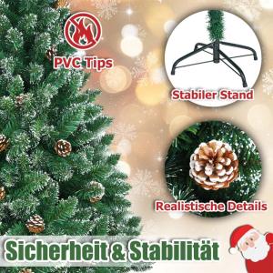 Kunstkerstboom, 210 cm, pvc, met sneeuweffect, dennenappels, kerstboom met snel op te bouwen, klapsysteem, brandvertragende kunstdennenboom met metalen standaard