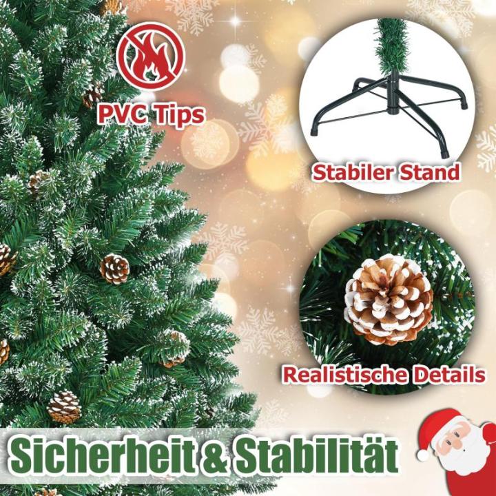 Kunstkerstboom, 210 cm, pvc, met sneeuweffect, dennenappels, kerstboom met snel op te bouwen, klapsysteem, brandvertragende kunstdennenboom met metalen standaard