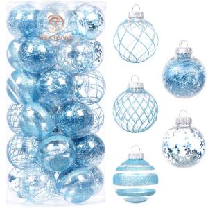 60 mm/2,36 inch onbreekbare doorzichtige plastic kerstbal ornamenten set met glitterschildering, transparant, doorzichtig, kristallen ballen, kerstboomdecoraties (30 tellen, babybl