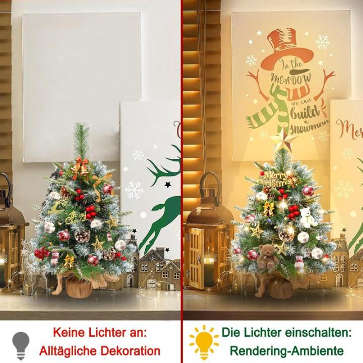 2 x kerstboom met decoratieve lichtketting 30 LED warm wit batterij, 60 cm mini kunstkerstboom met sneeuw, dennenappels en taxbessen, tafelkerstboom, kerstdecoratie, materiaal PE