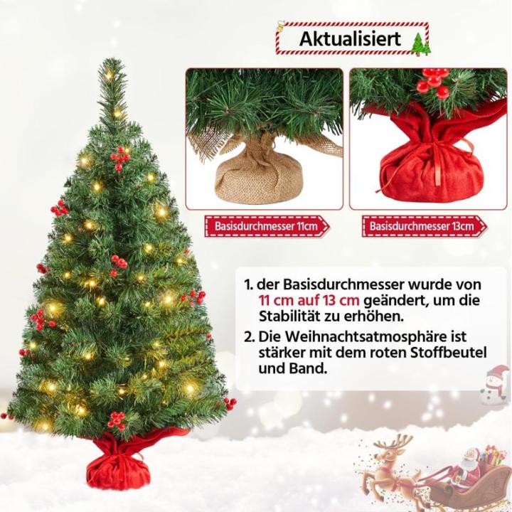 90 cm mini-kunstkerstboom met 50 warmwitte ledlampen en 60 rode bessen, kleine kerstboom, tafel, dennenboom voor kerstdecoratie, groen