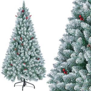 Kunstkerstboom 200 cm, kunstkerstboom met 1100 takken, met rode bessen en dennenappels, voor kerstversiering