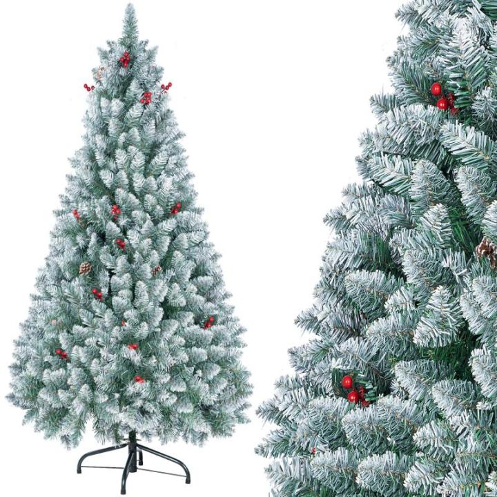 Kunstkerstboom 200 cm, kunstkerstboom met 1100 takken, met rode bessen en dennenappels, voor kerstversiering