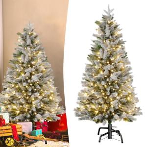 150 cm premium kunstkerstboom met warm wit verlichting, dennenboom, kunstkerstboom met sneeuwspar, natuurlijk wit vlokken voor kerstdecoratie, PE en pvc, met metalen standaard